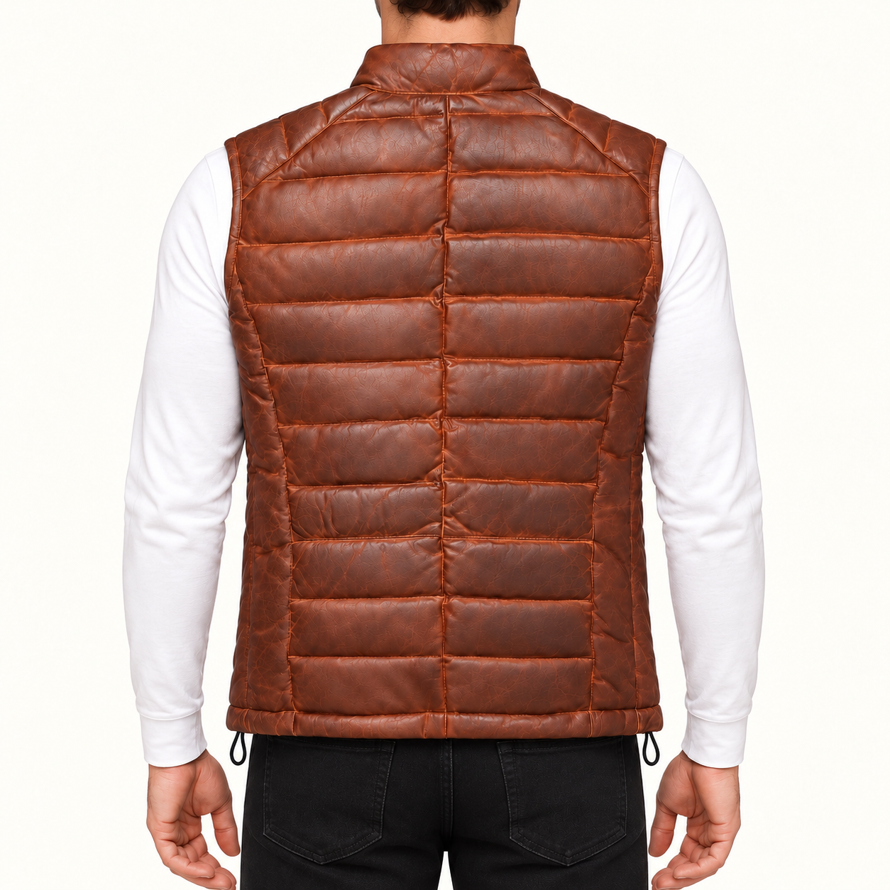 Men's Vintage Cognac Brown Quilted Leather Puffer Vest – Sleeveless Zip-Up Gilet Gallery